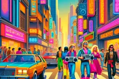 DALL·E 2024-03-15 20.56.39 - Imagine a vivid and dynamic street scene from the 1980s, capturing the essence of the era's culture and style. The street is bustling with people dres