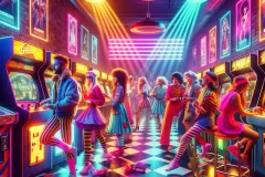DALL·E 2024-03-15 20.57.13 - Imagine a vibrant and energetic scene that encapsulates the essence of the 1980s. The image features an arcade with neon lights and retro video game c